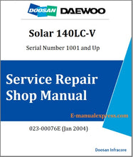 Load image into Gallery viewer, Daewoo Doosan Solar 140LC-V Crawler Excavator Service Repair Manual Serial Number 1001 and Up Best PDF Download