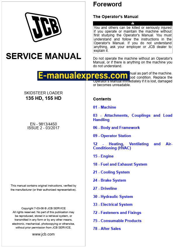 Download JCB 135 HD, 155 HD Skid Steer Loader PDF Service Repair Manual