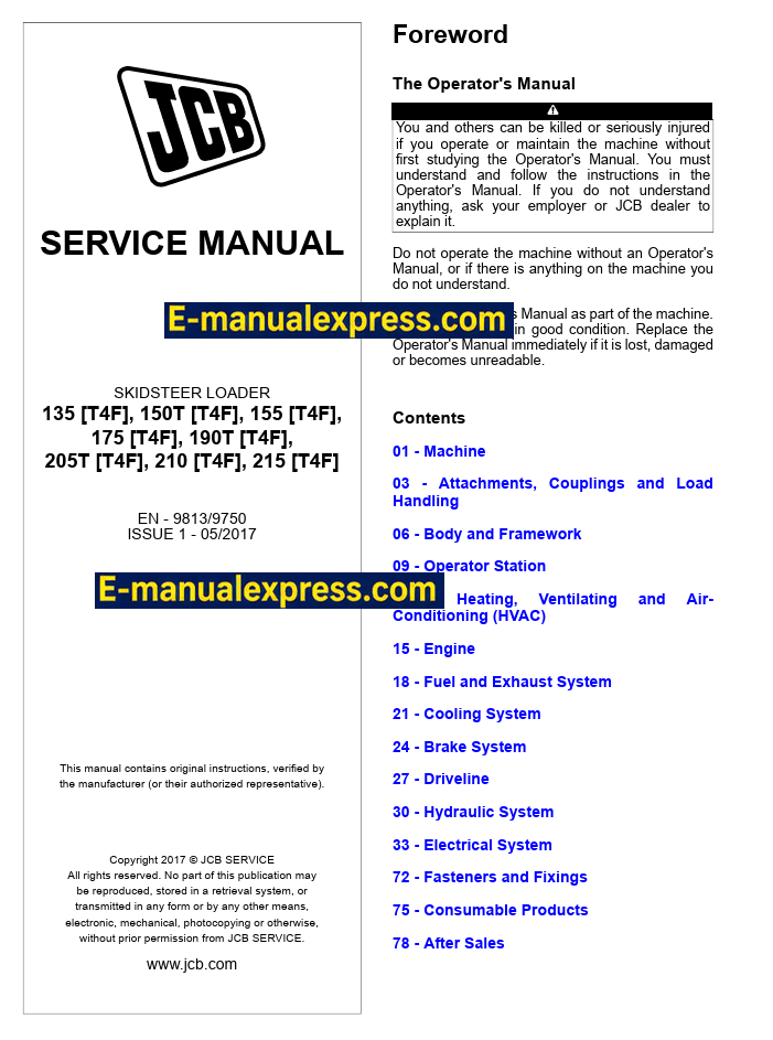 Download JCB 135, 150T, 155, 175, 190T, 205T, 210, 215 [T4F] Skid Steer Loader Service Repair Manual