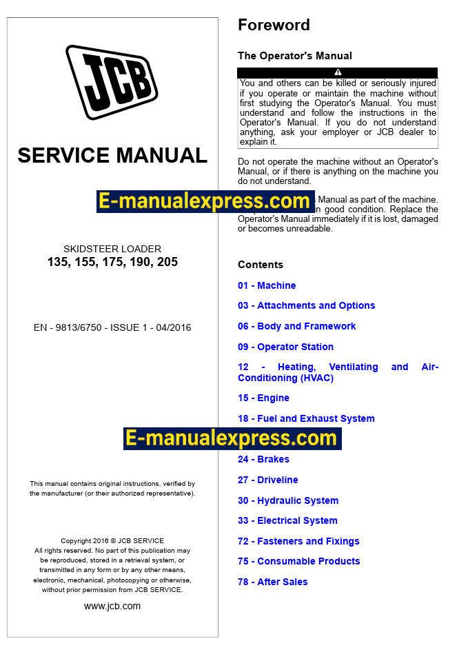 Download JCB 135, 155, 175, 190, 205 Skid-Steer Loader PDF Service Repair Manual