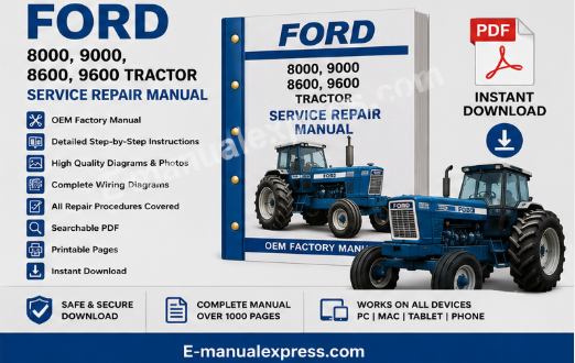 Ford 8000 9000 8600 9600 Tractor Service Repair Manual PDF Cover with Sample Manual Pages | Instant Download | E-manualexpress.com