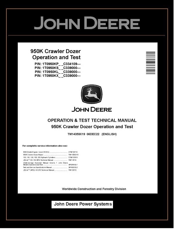 John Deere 950K Crawler Dozers (SN. from C334109) Operation and Test Manual (TM14359X19)