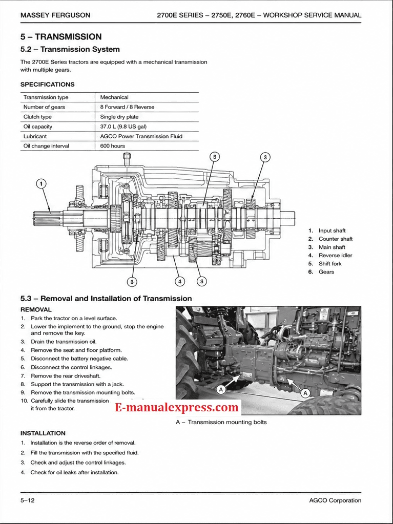 Massey Ferguson 2750E, 2760E Compact Tractor PDF Workshop Service Manual