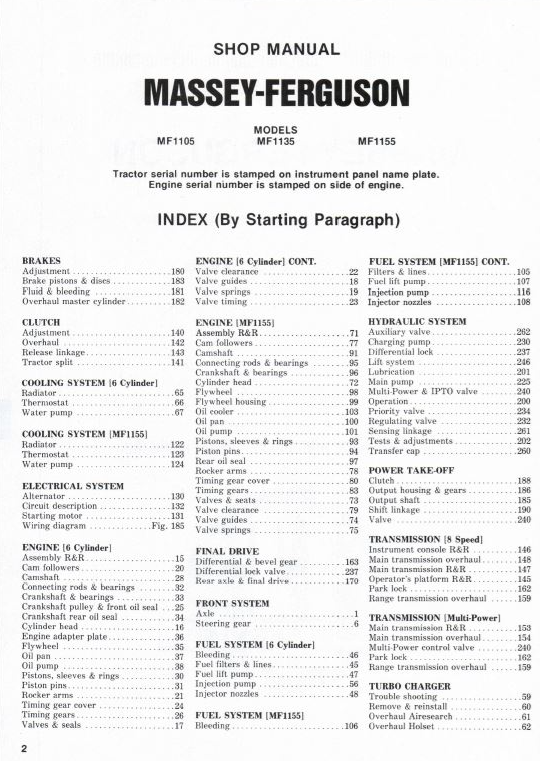 Massey Ferguson MF1105, MF1135, MF1155 Tractor PDF Shop Manual