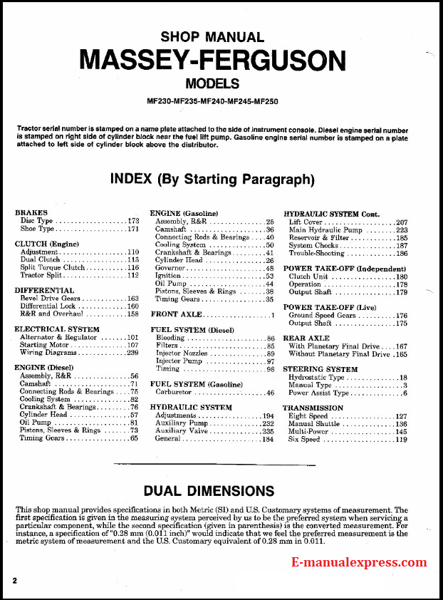 Massey Ferguson MF230, MF235, MF240, MF245, MF250 Tractor PDF Shop Manual