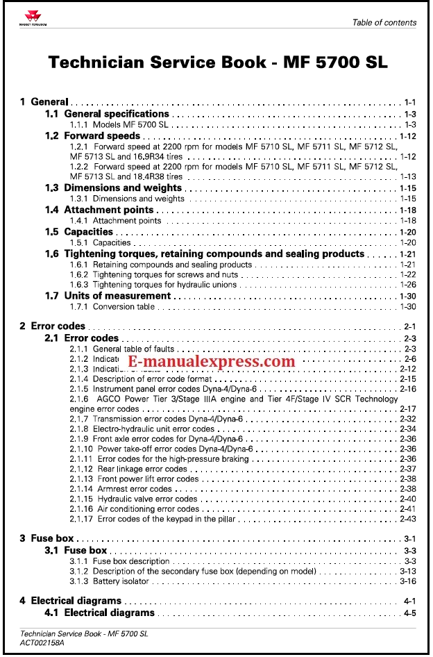 Massey Ferguson MF 5710SL, MF 5711SL, MF 5712SL, MF 5713SL Technician Service Book