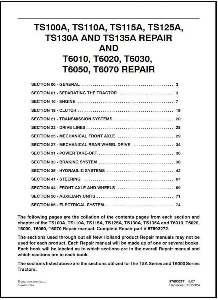 Download PDF - New Holland TS100A, TS110A, TS115A, T6010, T6050, T6070 Tractor Service Repair Manual