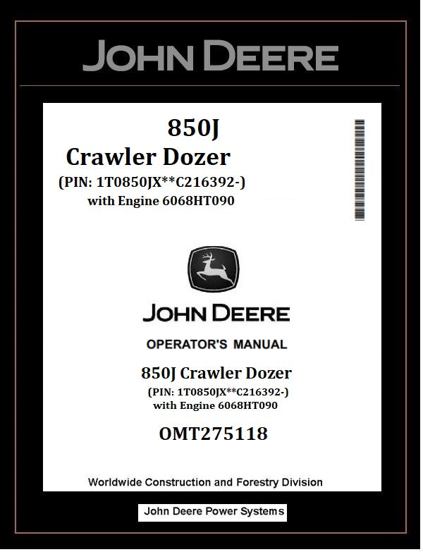 OMT275118 - John Deere 850J Crawler Dozer Operator Manual PDF Download