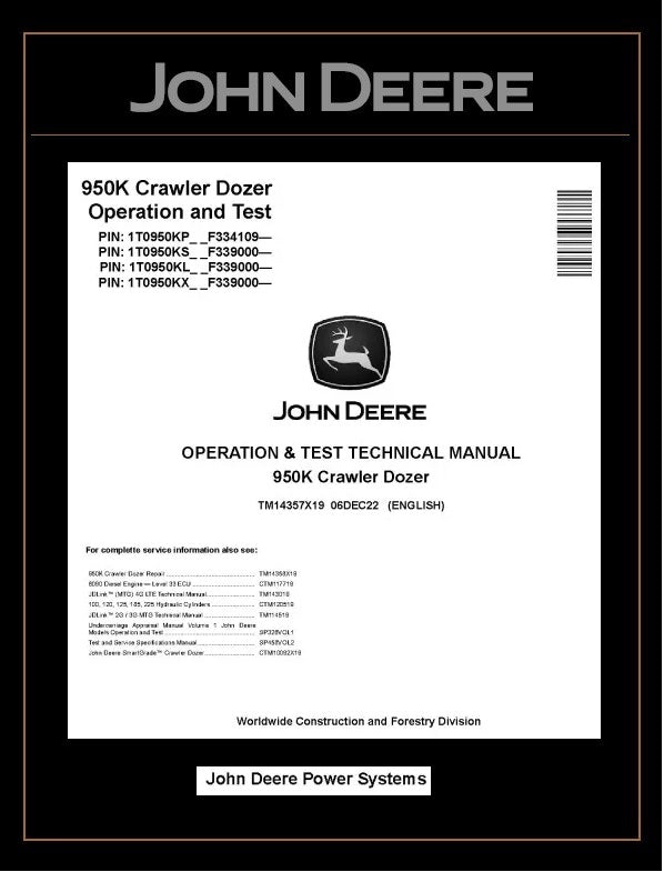 TM14357X19 OPERATION AND TEST TECHNICAL MANUAL - JOHN DEERE 950K CRAWLER DOZER DOWNLOAD PDF